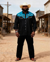 Big & Tall Men's Western Black And Blue Stitching Totem Print Long Sleeve Shirt Pants Set